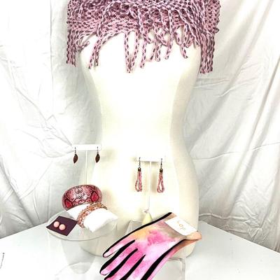 283 Pink and Grey Infinity Scarf with Van Gogh Smart Touch Gloves, Pink Earrings, Two Bracelets
