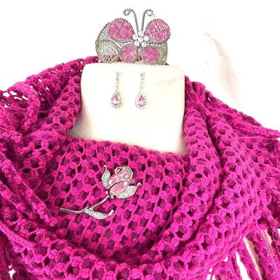 286 Pink Tubular Knit Infinity Scarf with Rhinestone Brooch, Two Pairs of Earrings, Butterfly Cuff Bracelet