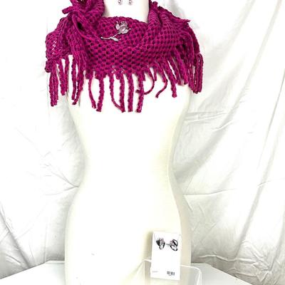 286 Pink Tubular Knit Infinity Scarf with Rhinestone Brooch, Two Pairs of Earrings, Butterfly Cuff Bracelet