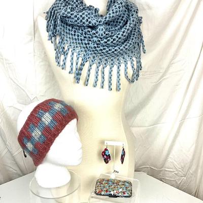 287 Blue Knit Scarf with Headwrap, Earrings, Card Wallet