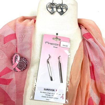288 Cancer Survivor Lot, Pink Handbag, Scarf, Earrings, Rhinestone Brooch