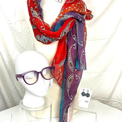 289 Purple/Red Scarf with Purple Sunglasses, Rose Cluster Earrings, Double Circle Necklace