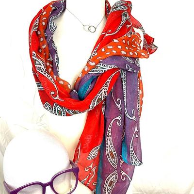 289 Purple/Red Scarf with Purple Sunglasses, Rose Cluster Earrings, Double Circle Necklace