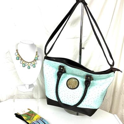 290 Blue Vegan Handbag with Blue Statement Necklace, Van Gogh Smart Touch Gloves