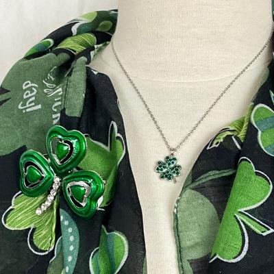 291 Black Green Shamrock Infinity Scarf with Rhinestone Shamrock Necklace, Brooch