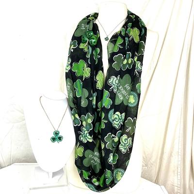 291 Black Green Shamrock Infinity Scarf with Rhinestone Shamrock Necklace, Brooch