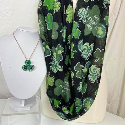 291 Black Green Shamrock Infinity Scarf with Rhinestone Shamrock Necklace, Brooch