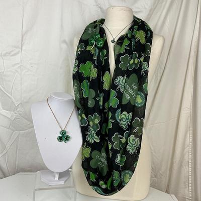 291 Black Green Shamrock Infinity Scarf with Rhinestone Shamrock Necklace, Brooch