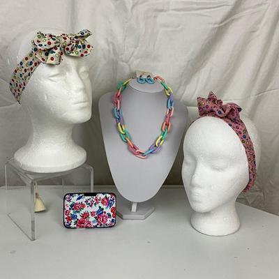 293 Two headbands, Pastel LInk Chain with matching Earrings and Card Wallet