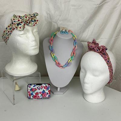 293 Two headbands, Pastel LInk Chain with matching Earrings and Card Wallet