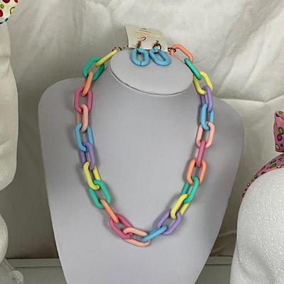 293 Two headbands, Pastel LInk Chain with matching Earrings and Card Wallet