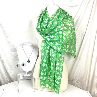 295 White and Green Shamrock Scarf with Necklace and Earring Set
