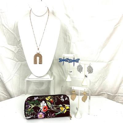 297 Floral Clutch, Rhinestone Necklace, Three Pairs of Dangle Leaf & Dragonfly Earrings