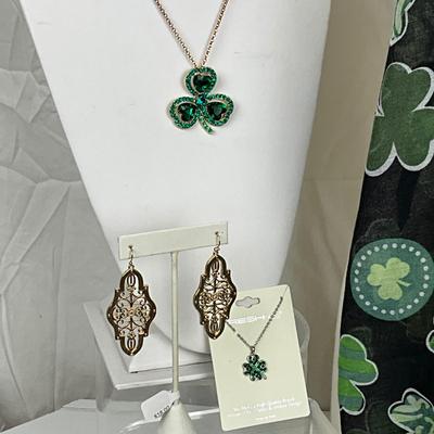 298 Luck of the Irish Lot, Two Shamrock Necklaces, Earrings, Shawl,