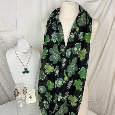 298 Luck of the Irish Lot, Two Shamrock Necklaces, Earrings, Shawl,