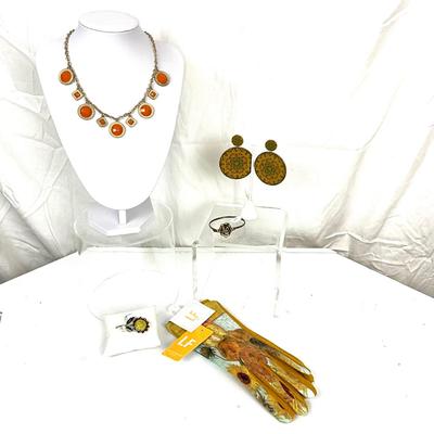 299 Van Gogh Smart Gloves, Orange Necklace, Sunflower Brooch, Disc Earrings, Flower Bangle Bracelet