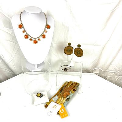 299 Van Gogh Smart Gloves, Orange Necklace, Sunflower Brooch, Disc Earrings, Flower Bangle Bracelet