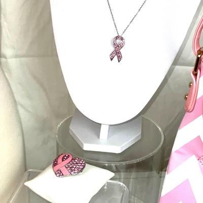 300 Pink Cancer Survivor Lot with Pink Chevron Purse, Necklace, Earrings, Brooch