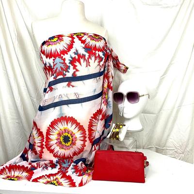 301 Floral Wrap with Red Clutch with Sunglasses and Bangle Bracelets
