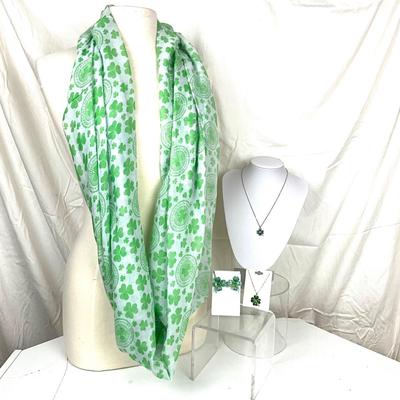 302 Shamrocks Infinity Scarf with Two Shamrock Necklaces and Earrings