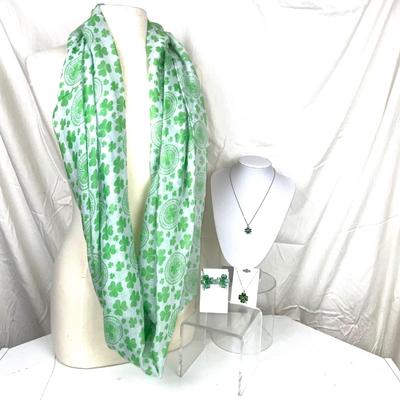 302 Shamrocks Infinity Scarf with Two Shamrock Necklaces and Earrings