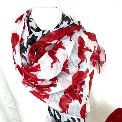 303 Red Elephant with Black and White Gingham Scarf, Head Wrap, Elephant Cuff Bracelet & Earrings