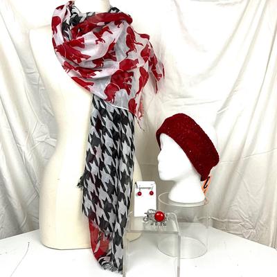 303 Red Elephant with Black and White Gingham Scarf, Head Wrap, Elephant Cuff Bracelet & Earrings