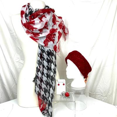 303 Red Elephant with Black and White Gingham Scarf, Head Wrap, Elephant Cuff Bracelet & Earrings