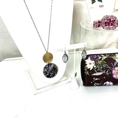 304 Floral Clutch, Purple Earrings, Necklace, Barrette
