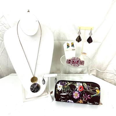 304 Floral Clutch, Purple Earrings, Necklace, Barrette