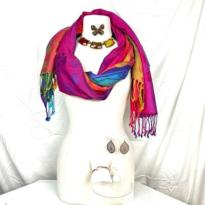 306 Rainbow Colored Pashmina/Shawl with Butterfly Brooch, Statement Necklace and Bracelet /Earrings