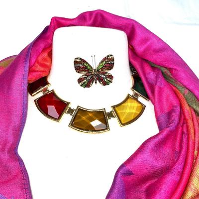 306 Rainbow Colored Pashmina/Shawl with Butterfly Brooch, Statement Necklace and Bracelet /Earrings