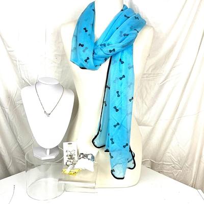 308 Blue Bows Scarf with Bow Bangle Bracelet, Rhinestone Necklace, & Earrings