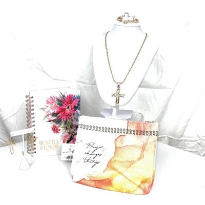 315 Prayer Changes Things Zipper Bag, Journal, Cross Rhinestone Necklace, Bracelet, PRAY Earrings