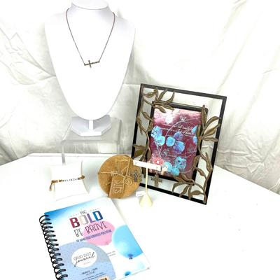 317 Be Bold and Brave Journal, Frame, Cork Coasters, Cross Necklace and Bracelet