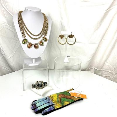 319 Green and Gold Necklace with Earrings, Rhinestone Barrette, Van Gogh Smart Gloves