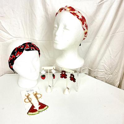 322 Red Head Bands, Teddy Bear, Strawberry Earrings, Watermelon Keychains