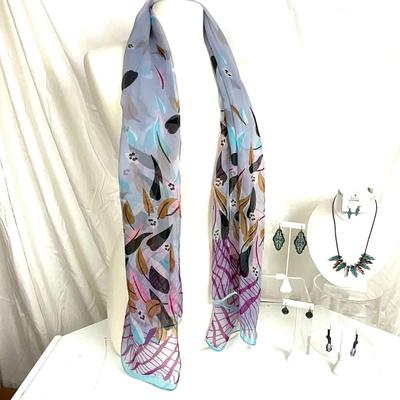 326 Feather Scarf, Feather Necklace Set, Three Variety Green Earrings