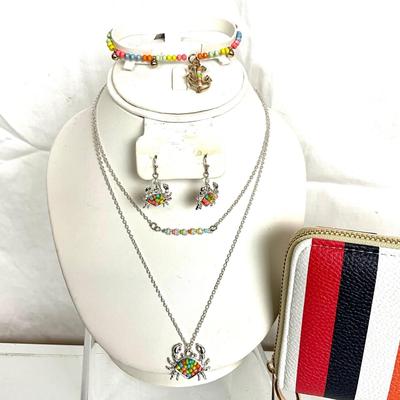 327 Crabs Necklace, Earrings, Bracelet Set and Striped Clutch