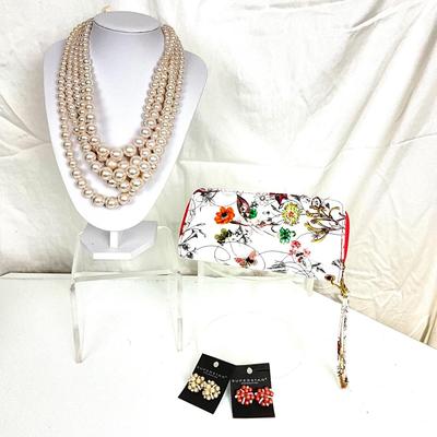 328 Pearl Necklace, Earrings, and Floral Clutch