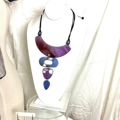 329 Purple and Black Polka Dot Shawl, Purple Necklace, Two Pairs of Earrings,