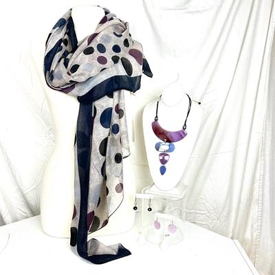 329 Purple and Black Polka Dot Shawl, Purple Necklace, Two Pairs of Earrings,