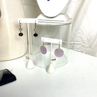 329 Purple and Black Polka Dot Shawl, Purple Necklace, Two Pairs of Earrings,