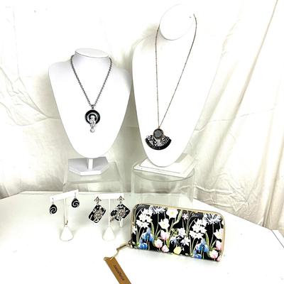 330 Black and Silver Necklaces and Earrings with Floral Clutch