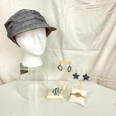 331 Black and White Cap with Starfish Earrings, Rhinestone Fish Brooch, Enamel Bracelet