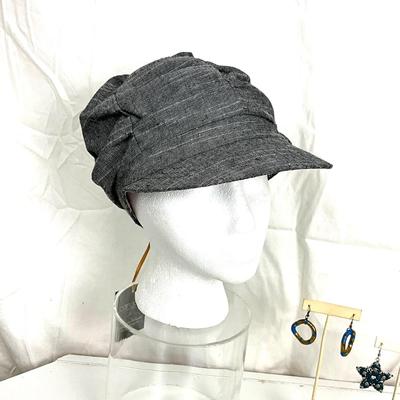 331 Black and White Cap with Starfish Earrings, Rhinestone Fish Brooch, Enamel Bracelet