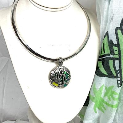 333 Green and Black Sailboat Shawl with Abstract Enamel Omega Necklace and Earrings