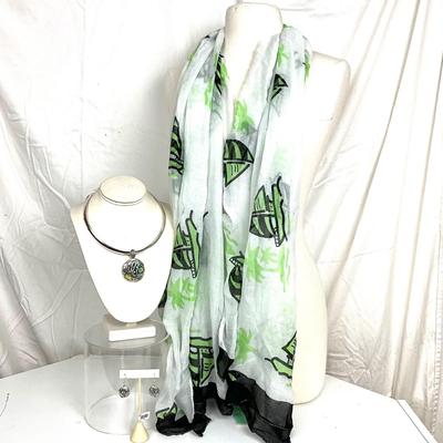 333 Green and Black Sailboat Shawl with Abstract Enamel Omega Necklace and Earrings