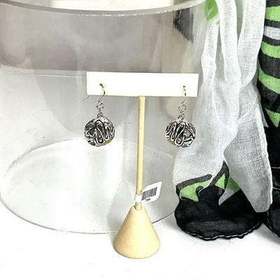 333 Green and Black Sailboat Shawl with Abstract Enamel Omega Necklace and Earrings