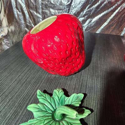 2 Large Strawberry Ceramic Red Tilted Cookie Jars